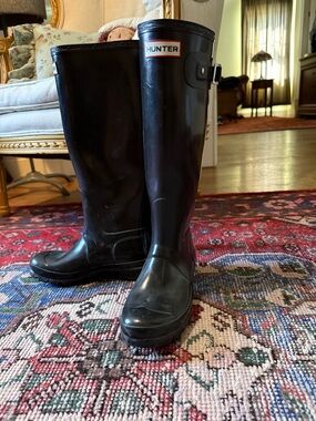 Hunter Black Knee-High Rubber Rain Boots with Side Buckle
